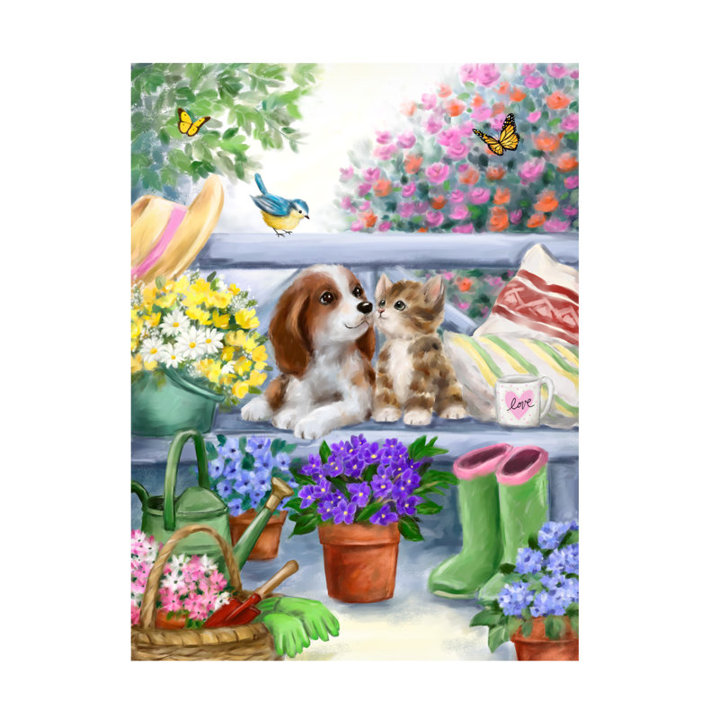 «Garden Cat and Dog» par MAKiko - peinture sur toile tendue, H 24 po x l 18 po