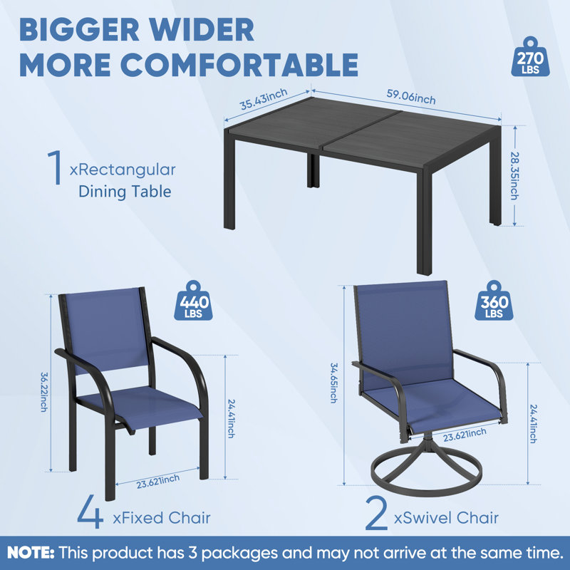 7-Piece Outdoor PVC-coated polyester Patio Dining Set, Large Table & 4 Stackable & 2 Swivel Chairs With PVC-coated polyester Mesh Fabric, All Weather Patio Furniture Set