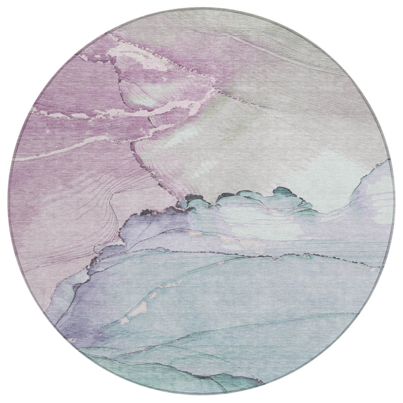 Machine Washable Indoor/Outdoor Xhevrie Seafoam Rug, Round 8'