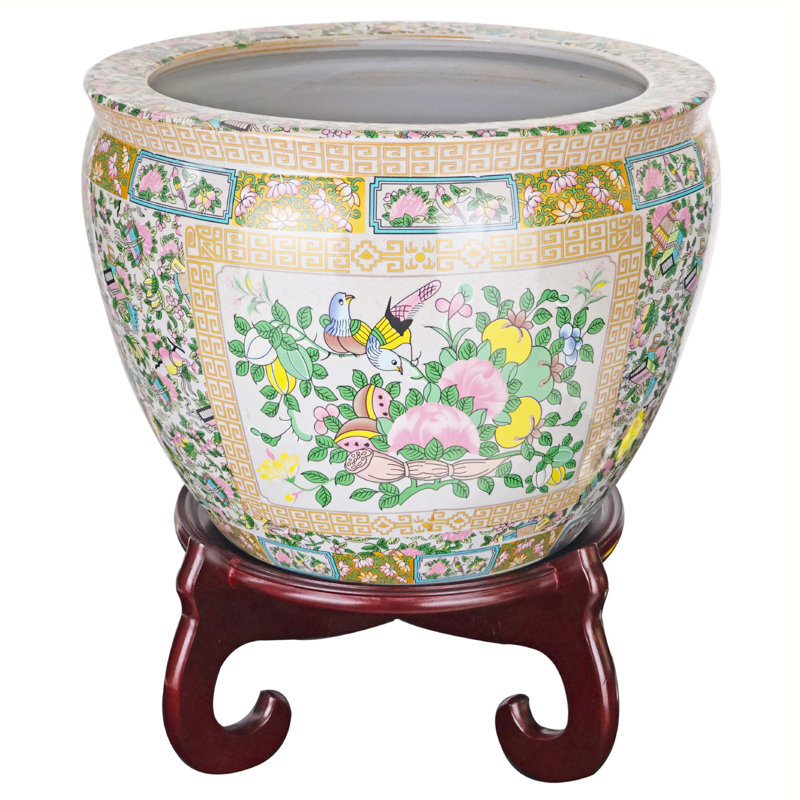 Floral painting pot cover with Asian floral pattern with pink medallion, H 13 po x l 16 po x P 16 po