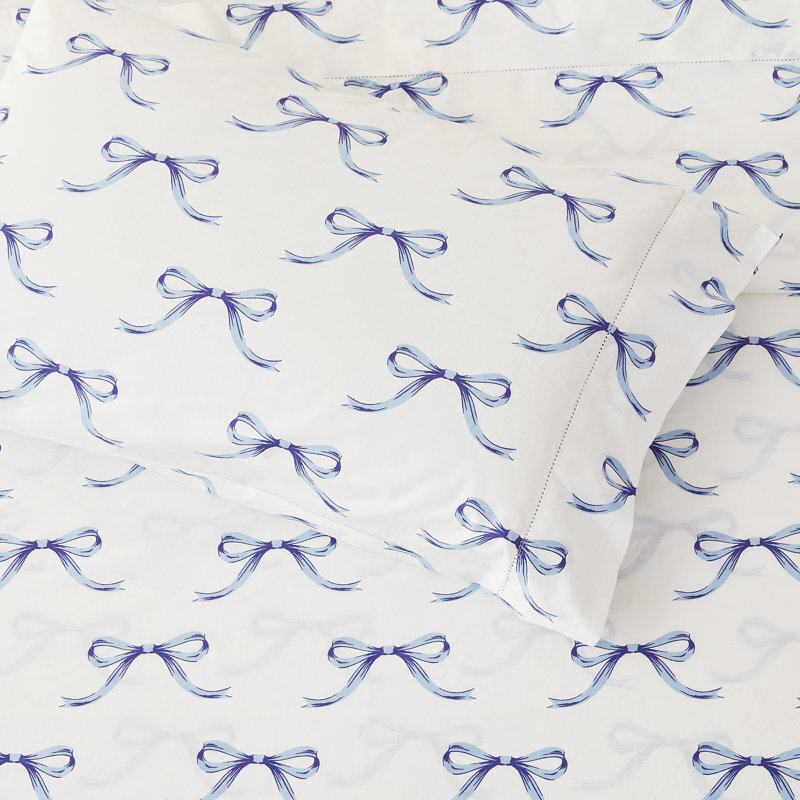 Bows Printed Cotton Percale Sheet Set, Twin Sheet Set with 1 Pillowcase, Blue