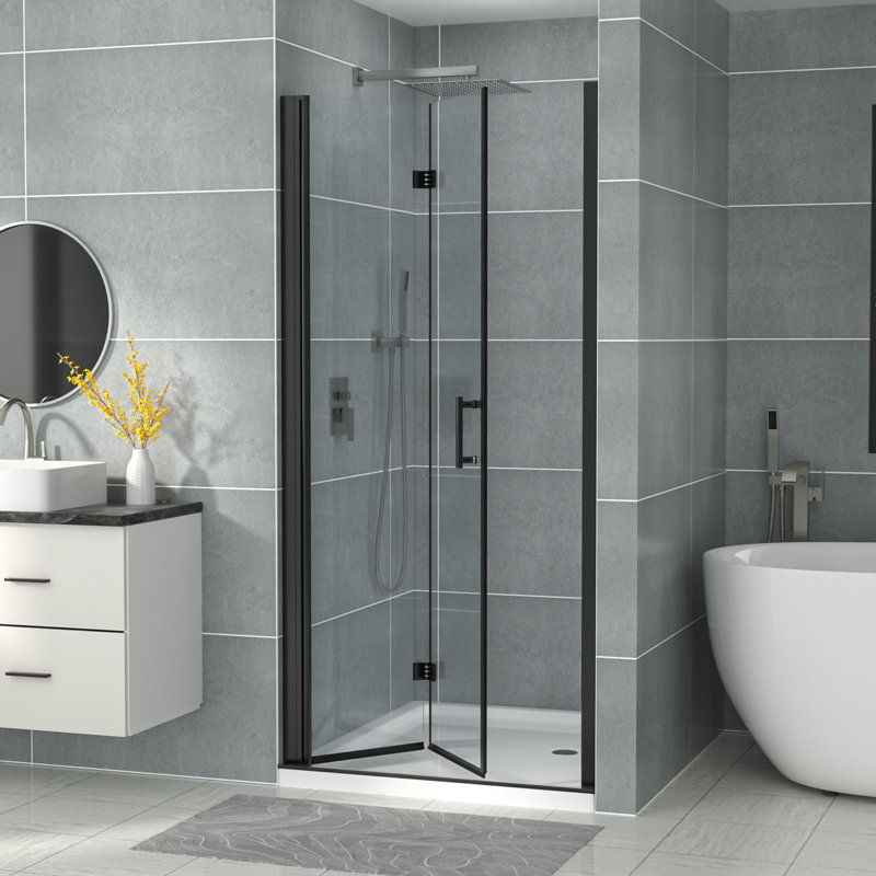 30 - 31 3/8" W x 72" H BiFold Frameless Glass Shower Door with Clear Tempered Glass, Matte Black