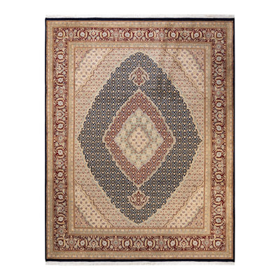 Tapis bleu / beige / bourgogne noué à la main de conception unique 8 pi 1 po x 10 pi 5 po Hayner