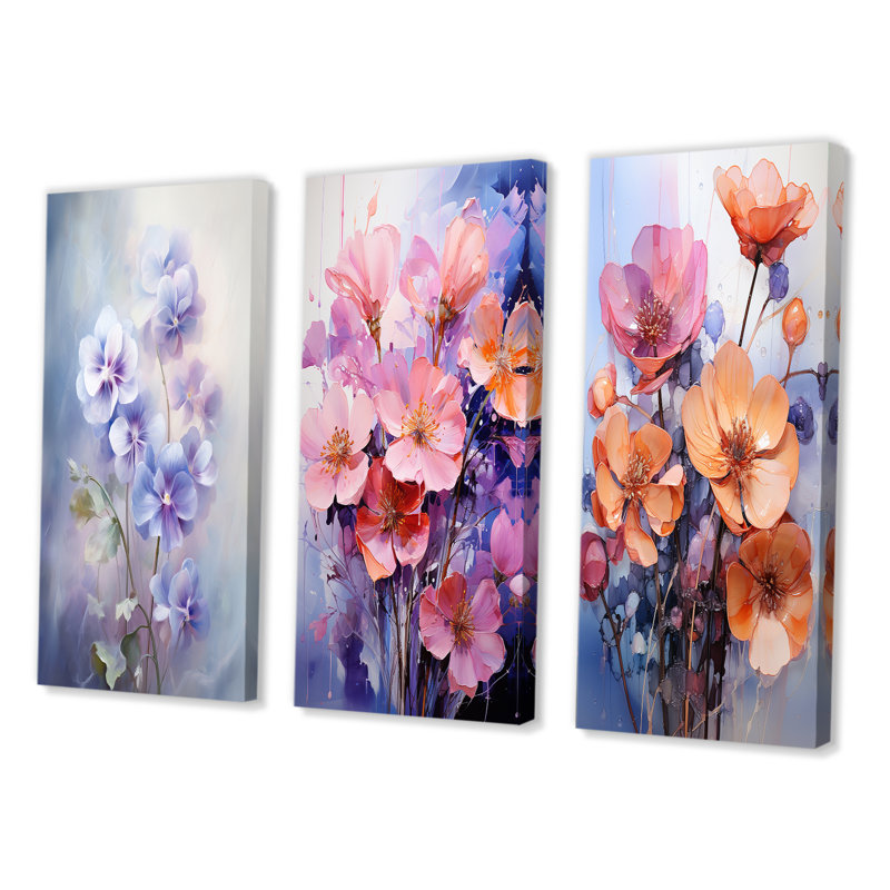 «Violets Romantic Impression», 3 pièces sur toile, Toile tendue, H 20 po x l 36 po