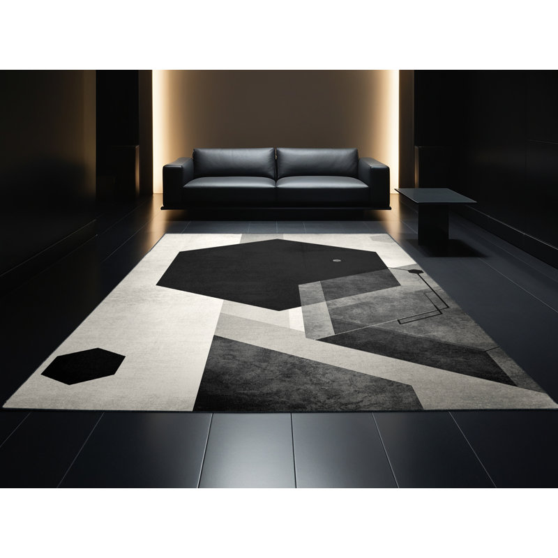 Tapis à motif géométrique doux et moelleux à motif géométrique moderne et contemporain gris Eberhard, 6 X 9