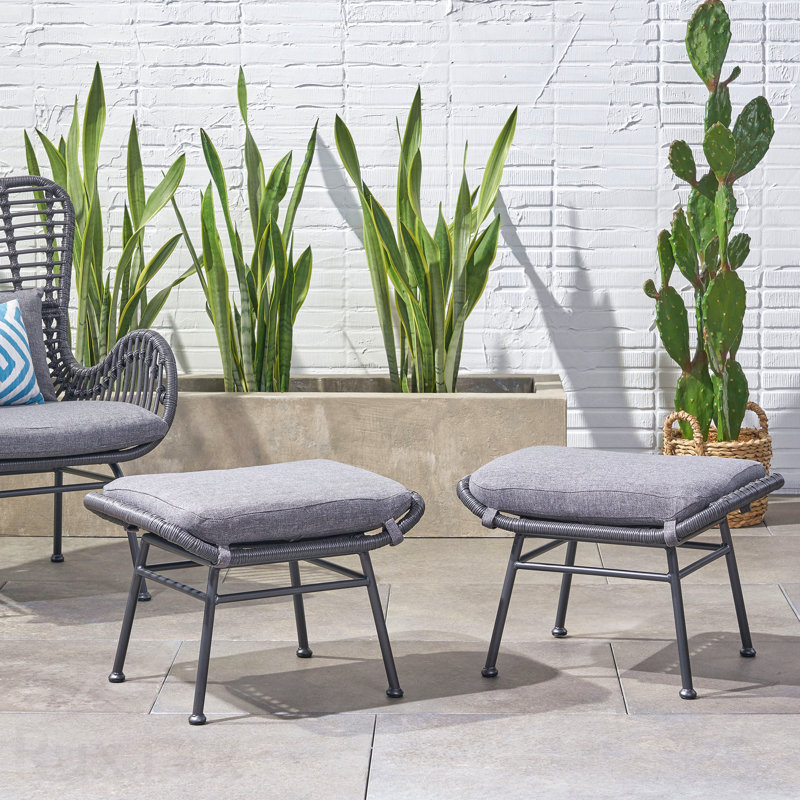 2-Piece Set Patio Ottoman Montana Faux Rattan Outdoor With Cushion
