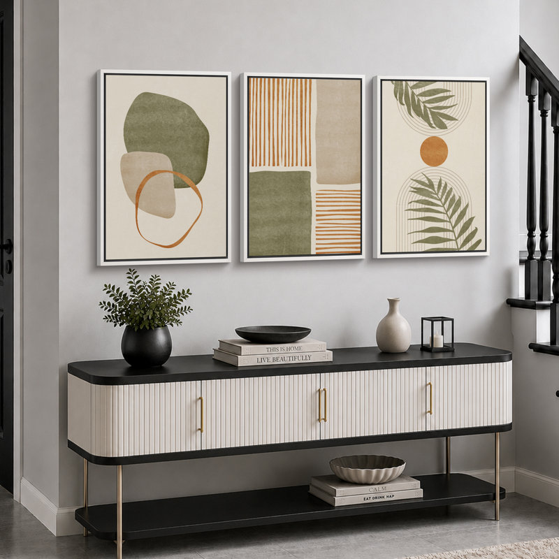 «Mid Century Modern Boho», feuille organique tropicale organique, images chaudes abstraites neutres, impression sur toile encadrée, 3 pièces
