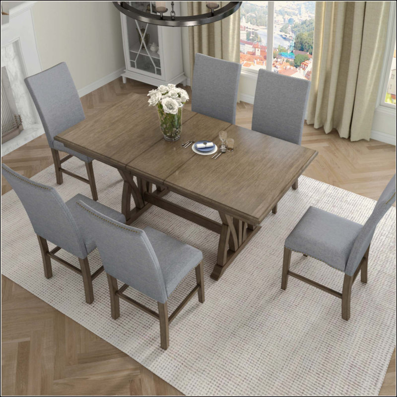 Ensemble de table de salle à manger Mid-Century en bois massif 7 pièces avec tables rembourrées et rallonge