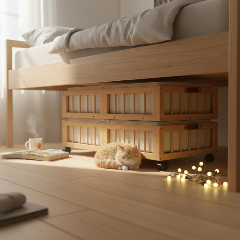 Ensemble de 2 contenants de rangement en bambou sous le lit avec roulettes, panier de rangement sous le lit avec grand sac à poussière, rangement sous le lit pour chambre à coucher, dortoir et sous-sol, nature