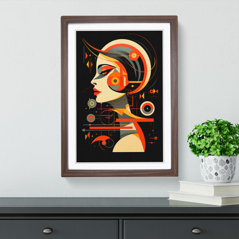 Pisces Zodiac Constructivism - Single Picture Frame Print on Wood, 46cm H x 34cm W x 2cm D, Walnut