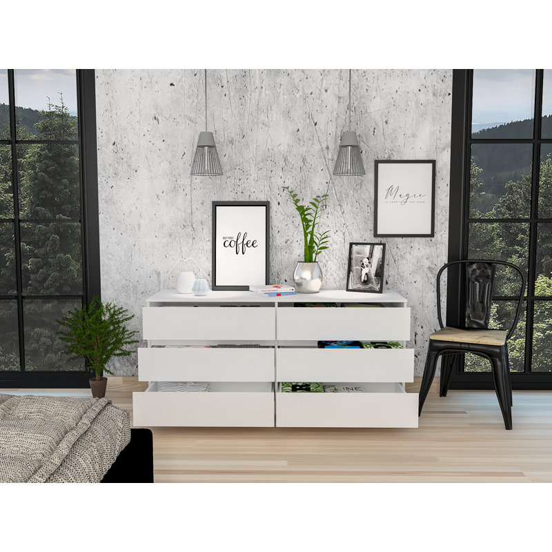 Commode double moderne à six tiroirs avec plateau supérieur Meldoy, Blanc