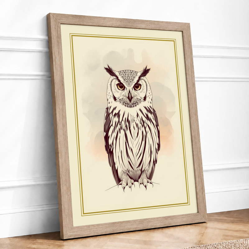 Owl In Ink Japandi - Print, A1 - 84.1 x 59.4 cm, Oak