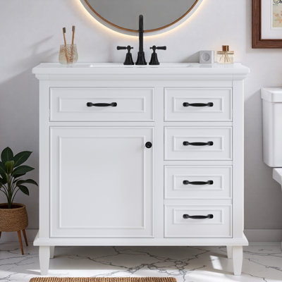 Bathroom Vanity With Ceramic Sink, Cabinet, Drawers, Adjustable Shelf And Zinc Alloy Handles
