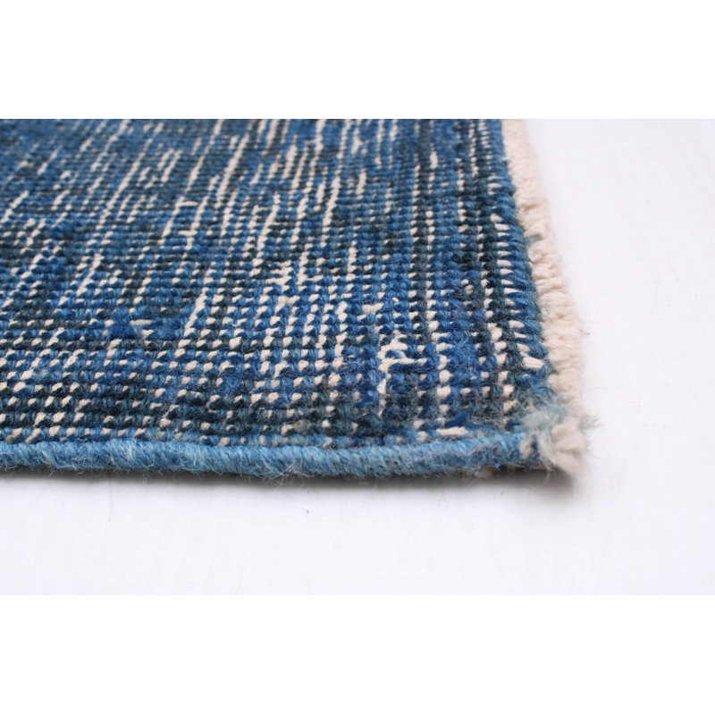 Tapis bleu marine / blanc en laine noué à la main 9 pi 4 po x 12 pi 11 po