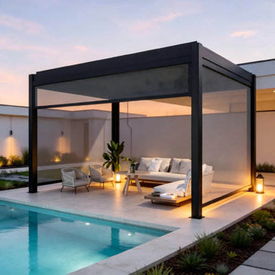 Pergola à lames orientables électriques, télécommande et éclairage DEL intégré, double usage décoratif et lumineux, pour espaces intérieurs et extérieurs.