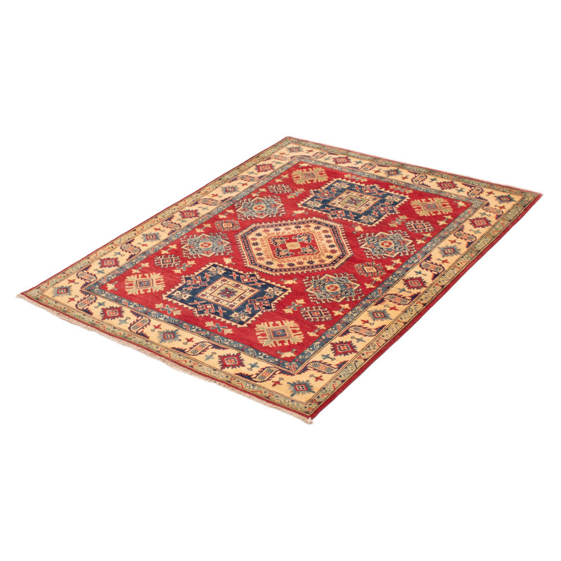 Tapis rouge en laine noué à la main de conception unique 5 pi x 6 pi 7 po New Age