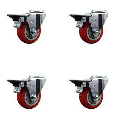 3.5 Inch Poly Wheel Swivel Bolt Hole Caster Set with Posi Lock Brakes SCC