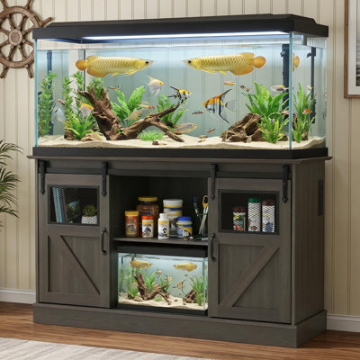 55-75 Gallon Large Fish Tank Stand, Heavy Duty Aquarium Stand W/power Outlet And Sliding Barn Doors, Table For Fish Turtle Tank Reptile Terrarium W/cabinet For Accessories Storage, Gray