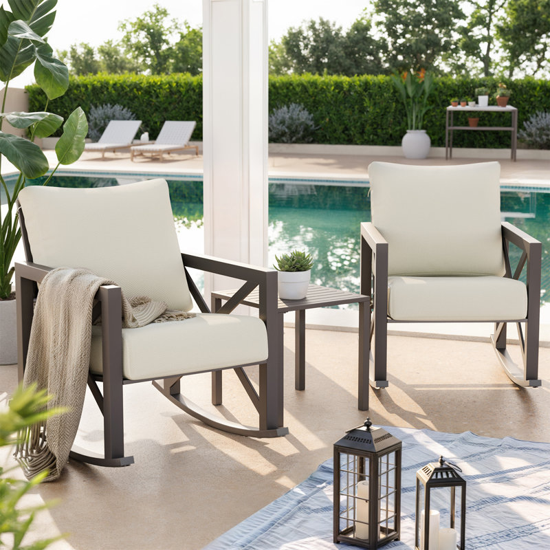 2-Person Outdoor Rocking Chair Set with Table and Cushions, Gray Frame / Beige Cushion