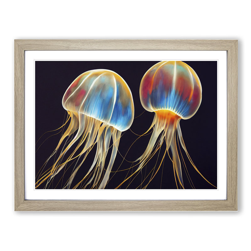 Jellyfish Painted - Single Picture Frame Print, Oak Framed, 46cm H x 64cm W x 2cm D