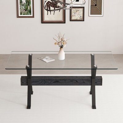 71" Modern Rectangle Dining Table With Tempered Glass Top And Black Metal Legs, Stylish Dinner Table With Wood Accent For Dining Room
