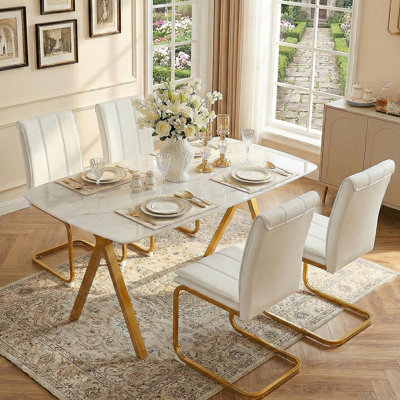 Rectangular Dining Table Featuring A Tempered Glass Tabletop With A Marble-Patterned Design And Golden Metal Legs, Ideal For Restaurant Dining Settings.