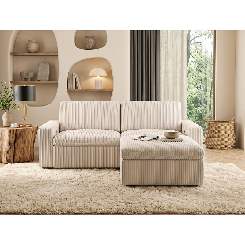 Milred 86.6 " Corduroy Power Reclining L-Shaped Sofa & Chaise with Ottoman, White Corduroy