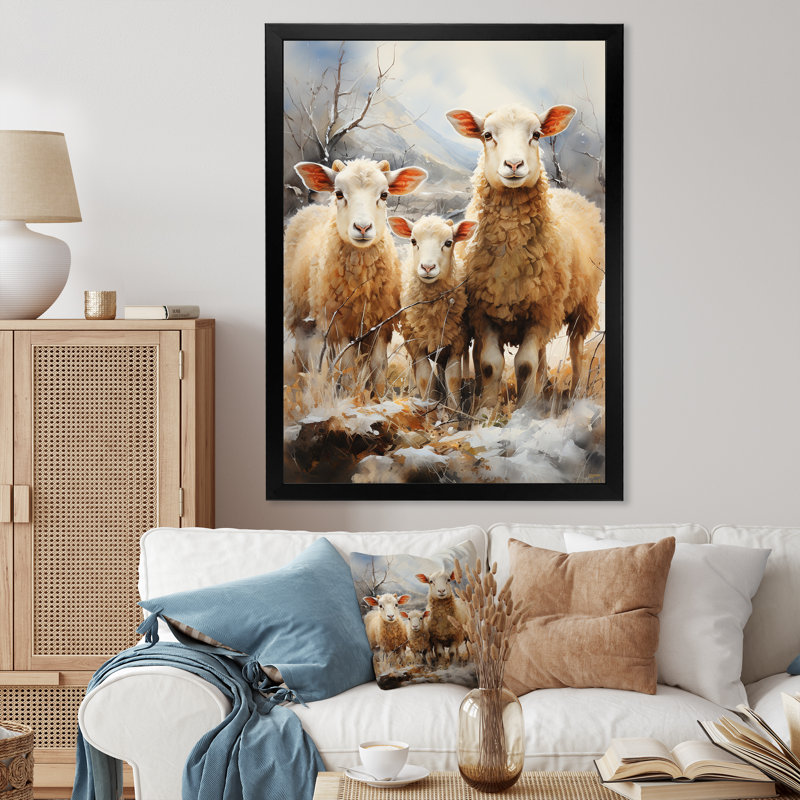 Reproduction d'art sur toile, "Beige moutons rustiques ruminations III", Cadre photo noir, H 32 po x l 16 po x P 1 po