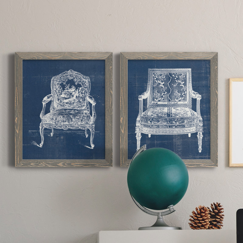 Antique Chair Blueprint V - ensemble de 2 impressions sur toile encadrées, H 20 po x l 34 po x P 1,5 po, Gris