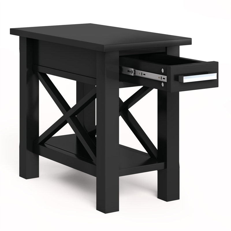 Table de bout rectangulaire contemporaine en bois massif l 14 po avec tiroir, tablette ouverte et X-Design Kitchener, Noir