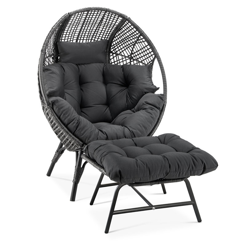 Indoor/Outdoor Wicker Egg Chair with Ottoman, 6.5'' Thick Cushions, 440-lb Capacity Patio Lounge Chair, Gray