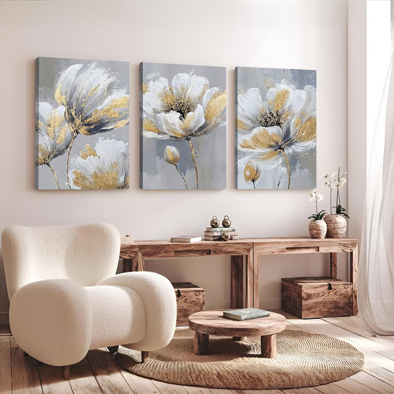 Tableau mural sur toile à motifs floraux à pétales dorés (paquet de 3), H 18 po x l 36 po