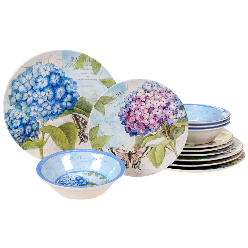 Service de vaisselle 12 pièces en mélamine certifié International Hydrangea Garden, service pour 4