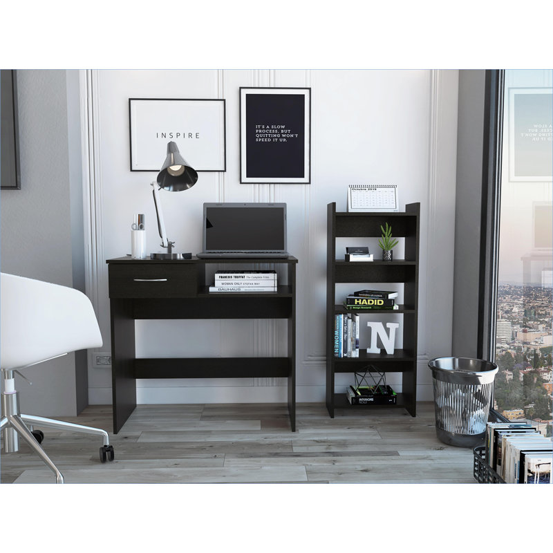 Ensemble de bureau à domicile deux pièces | Bureau d'ordinateur moderne avec tiroir Plano & amp; Tablette | Noir | Bois d'ingénierie
