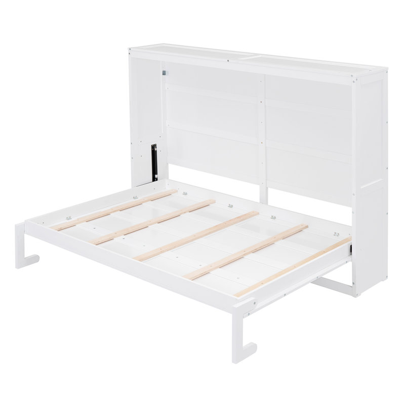 Friel Foldable Murphy Bed with Storage Cabinet & Wooden Frame, White, Full