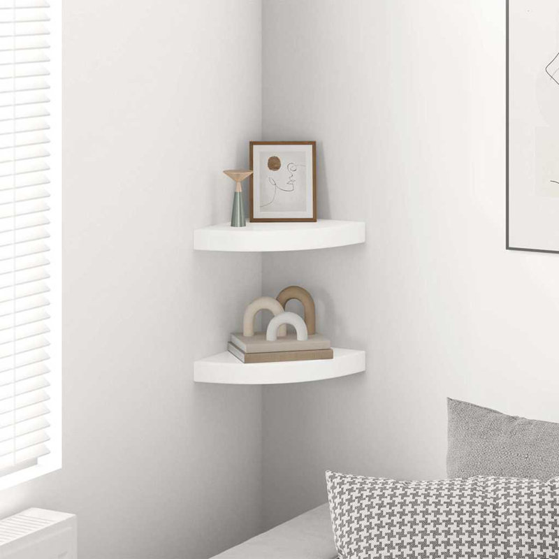 Corner Shelf Set of 2 High Gloss White Honeycomb MDF Metal Corner Display Shelves, High Gloss White