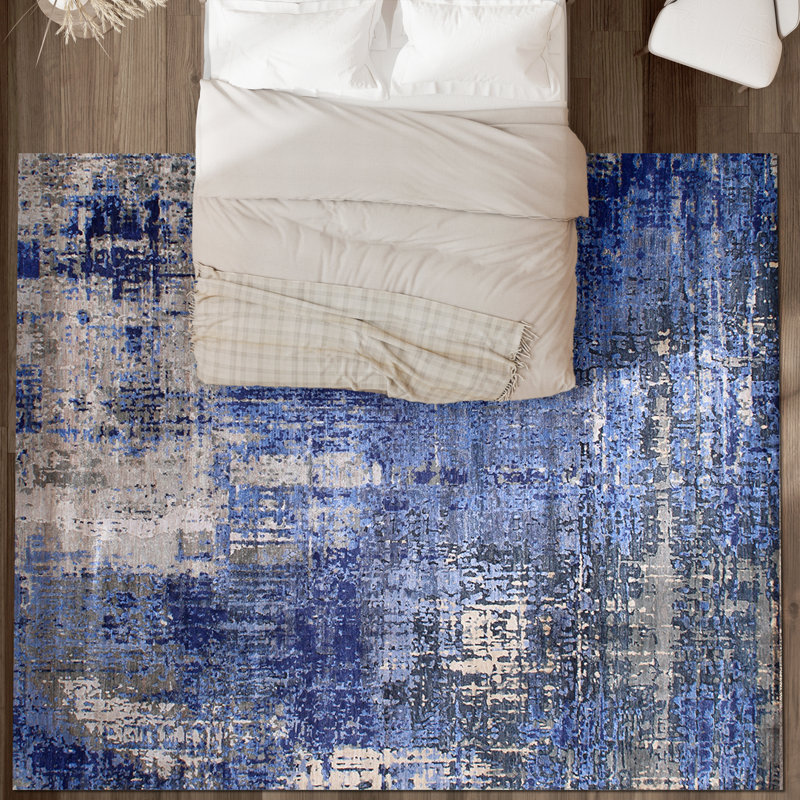Hand Knotted Abstract Area Rug in Navy, Rectangle 2' x 3'