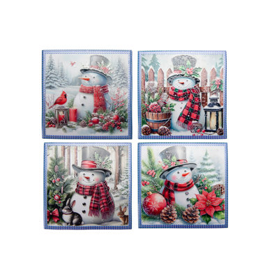 8" Square Ceramic Trivet with Silver Foil Snowman Assorted- Set of 4