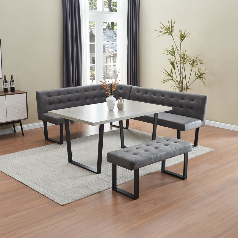 Ensemble de coin-repas 3 pièces, table de salle à manger avec pieds en métal et banc rembourré en polyuréthane gris moderne 