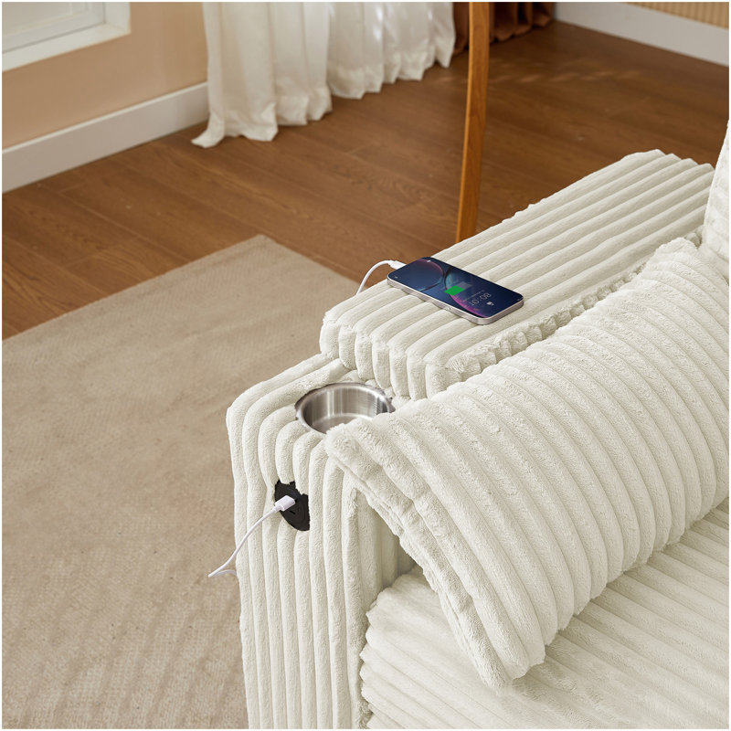 Canapé-lit beige avec causeuse avec accoudoirs de rangement et port USB, Beige