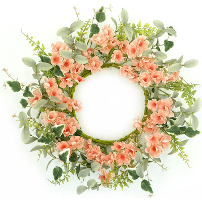 Couronne artificielle 20 po avec fleurs de cerisier rose, feuilles d'eucalyptus, feuille Scindapsus aureus