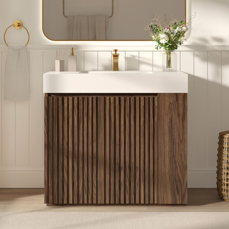 Meuble-lavabo 36 po avec surface solide, Blanc / Brun, Monotrou