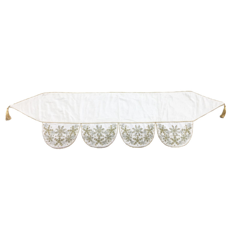 Red Velvet Mantle Scarf With Hand Beading And Crewel Embroidery - 72", Ivory