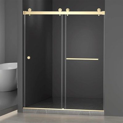 55-59"W X 72"H Frameless Double Sliding Shower Door, 304 Stainless Steel In Brushed Gold 5/16" (8Mm) Thick SGCC Tempered Clear Glass. Round Handle With NANO Easy Cleaning Coating.