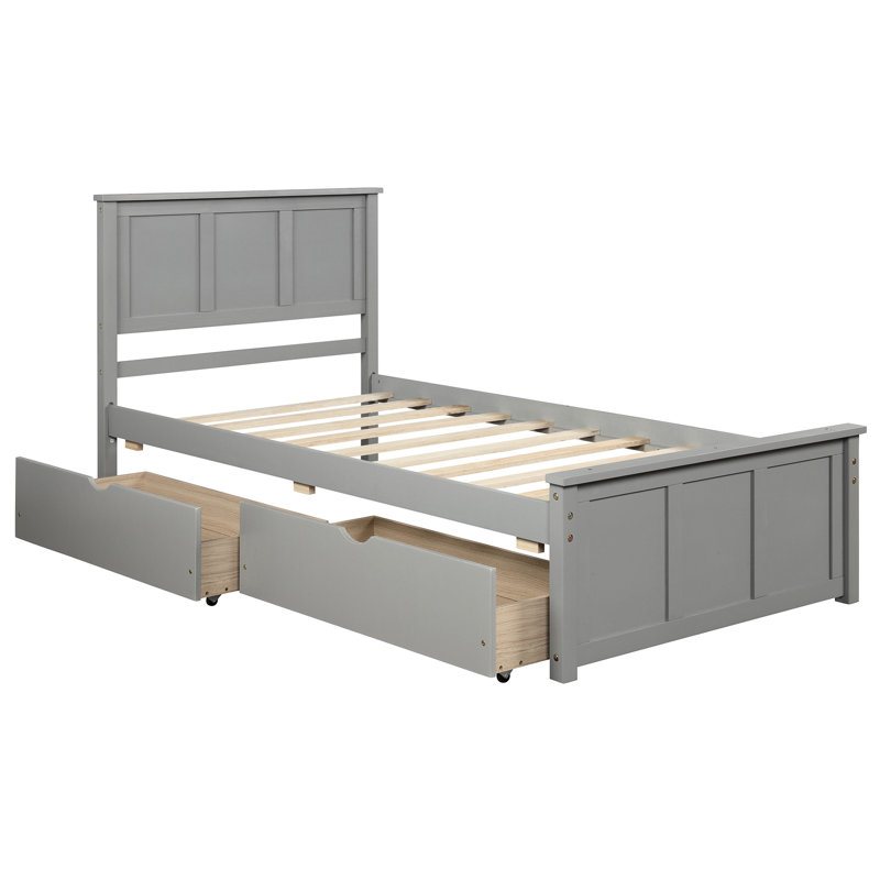 2 lits plateforme simple avec roulettes, couleur grise, bois massif et fabrication 2 tiroirs gris, Gris