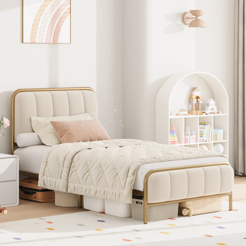 Lit plateforme tapissier avec tête de lit en velours, Blanc, Double