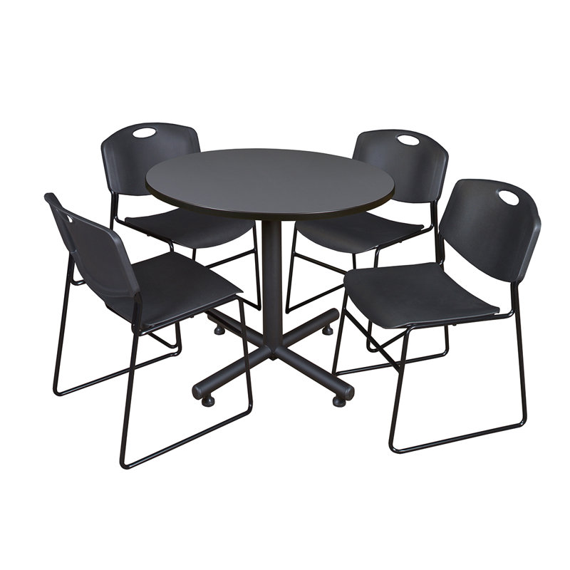 Kobe Round X-Base Breakroom Table, 4 Zeng Stack Chairs, Grey, Black