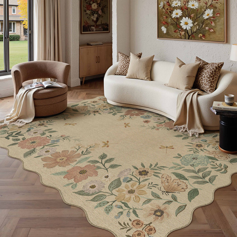 Tapis floral en lin artificiel lavable à la machine avec envers antidérapant et bordure festonnée, Rectangle 6 pi x 9 pi