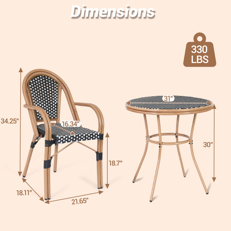 3 Piece Patio Bistro Set, Outdoor Wicker Round Table and 2 Dining Chairs with Metal Frame, French Table Chair Set for Garden Balcony Porch, Black