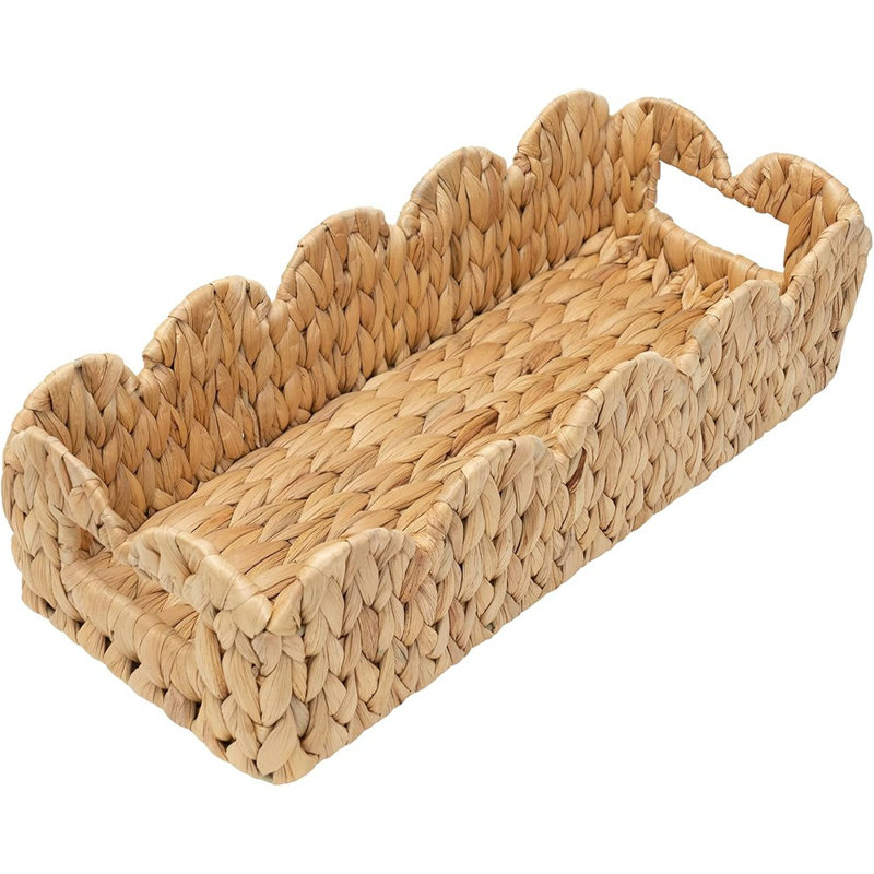 Scalloped Wicker Toilet Tank Basket For Toilet Paper Storage, Small Countertop And Shelf Organizer, Natural Water Hyacinth